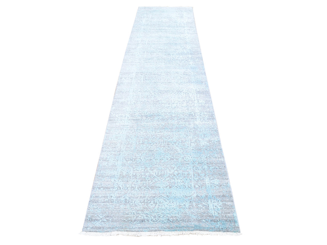 2'7" x 14'0" New Hand Knotted Blue Wool & Silk Runner Oriental Rug - MOA10266988