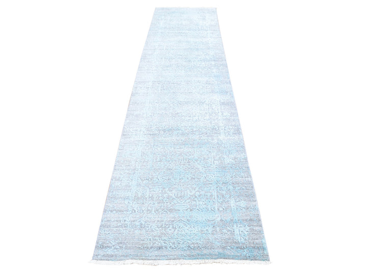 2'7" x 14'0" New Hand Knotted Blue Wool & Silk Runner Oriental Rug - MOA10266988