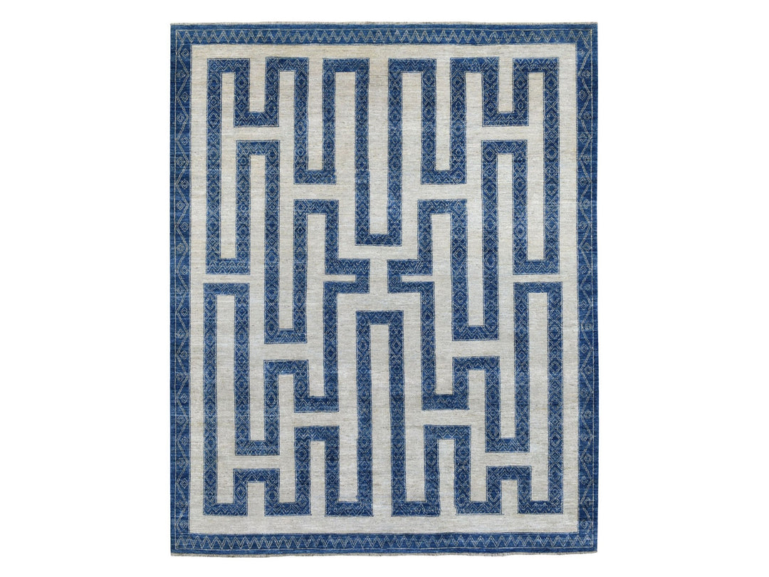 7'10" x 9'9" New Hand Knotted Blue Wool Rectangle Oriental Rug - MOA10267563