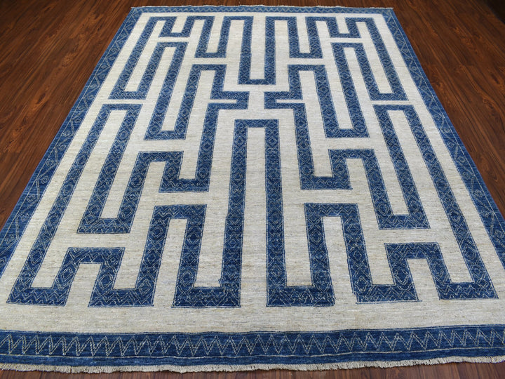 7'10" x 9'9" New Hand Knotted Blue Wool Rectangle Oriental Rug - MOA10267563