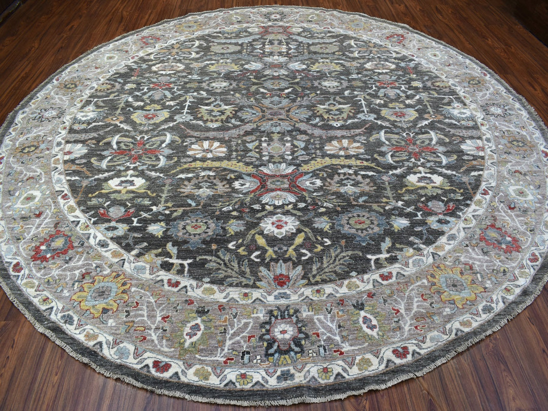 11'7" x 11'7" New Hand Knotted Grey Wool Round Oriental Rug - MOA10267565