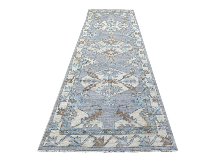 3'10" x 12'1" New Hand Knotted Grey Wool Runner Oriental Rug - MOA10267916