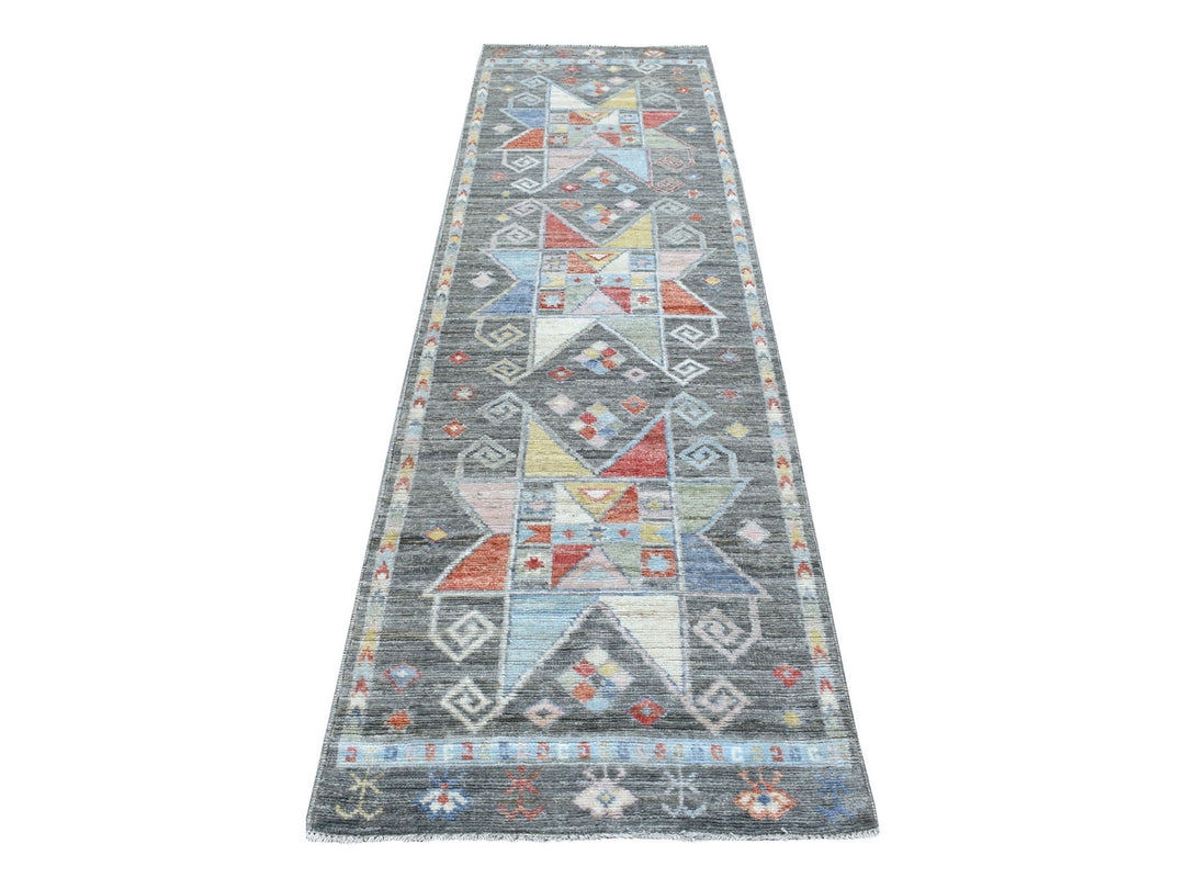 2'8" x 9'7" New Hand Knotted Grey Wool Runner Oriental Rug - MOA10268337