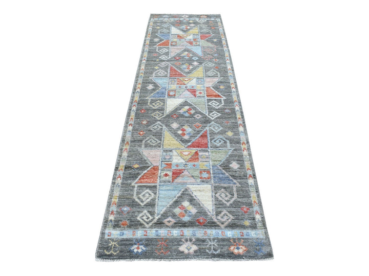 2'8" x 9'7" New Hand Knotted Grey Wool Runner Oriental Rug - MOA10268337