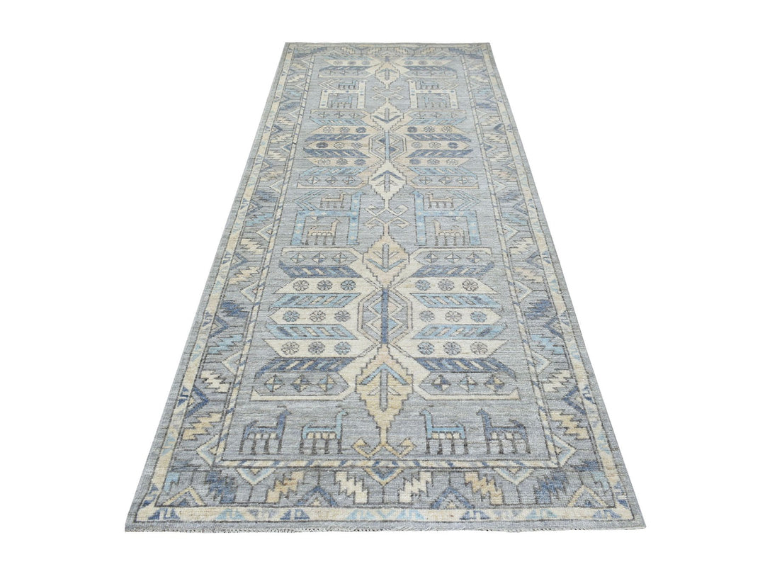 4'1" x 9'9" New Hand Knotted Grey Wool Runner Oriental Rug - MOA10269503