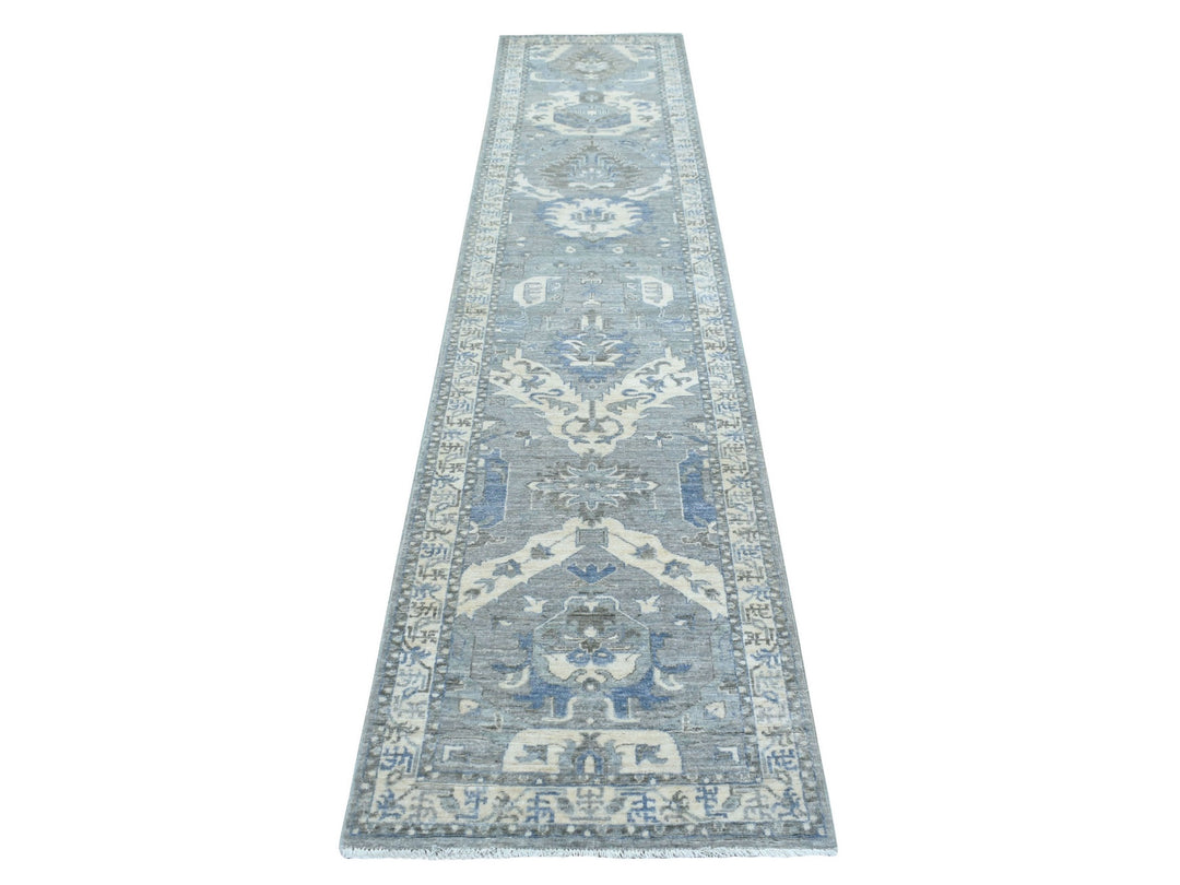 2'5" x 11'7" New Hand Knotted Grey Wool Runner Oriental Rug - MOA10270158
