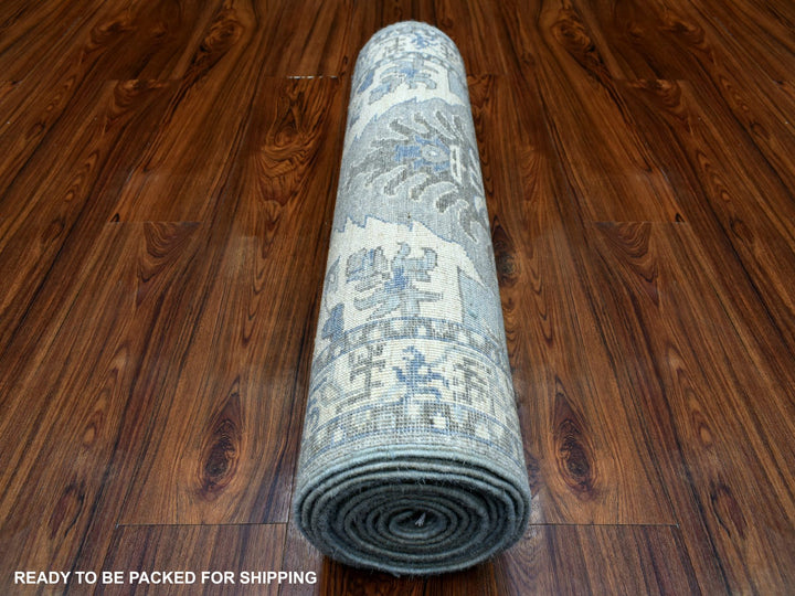 2'5" x 11'7" New Hand Knotted Grey Wool Runner Oriental Rug - MOA10270158