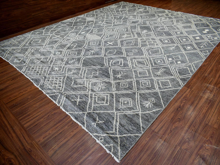 12'4" x 15'1" New Hand Knotted Grey Wool Rectangle Oriental Rug - MOA10270166