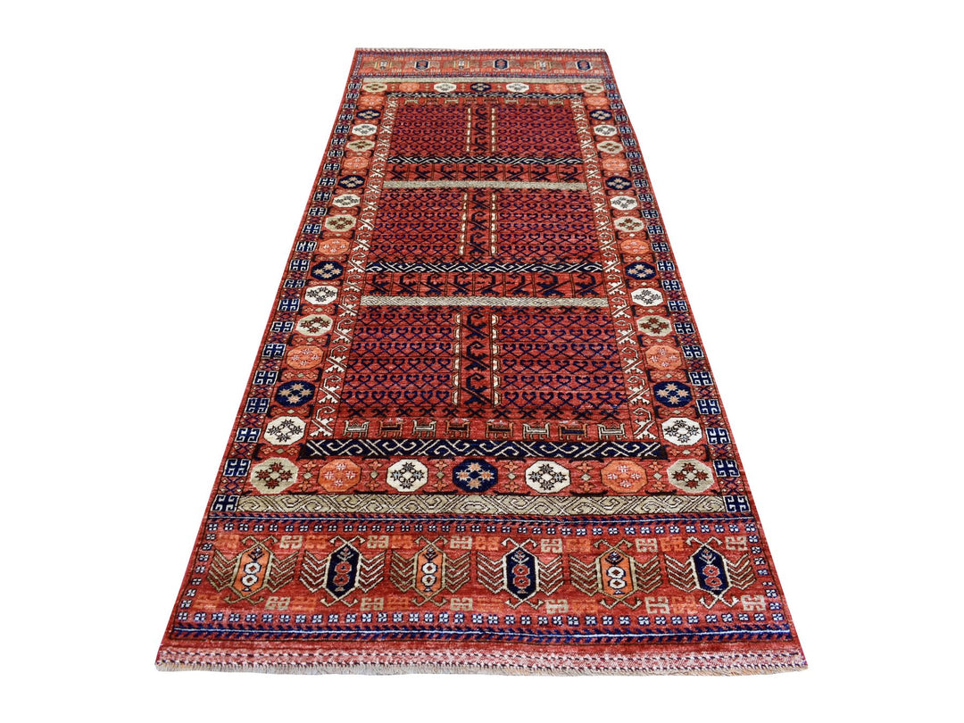 4'1" x 10'2" New Hand Knotted Red Wool Runner Oriental Rug - MOA10270357