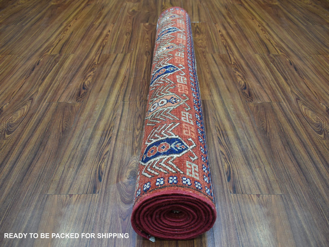 4'1" x 10'2" New Hand Knotted Red Wool Runner Oriental Rug - MOA10270357