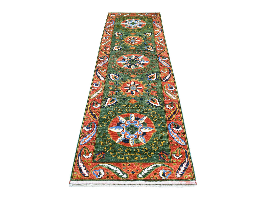 2'10" x 9'9" New Hand Knotted Green Wool Runner Oriental Rug - MOA10270619