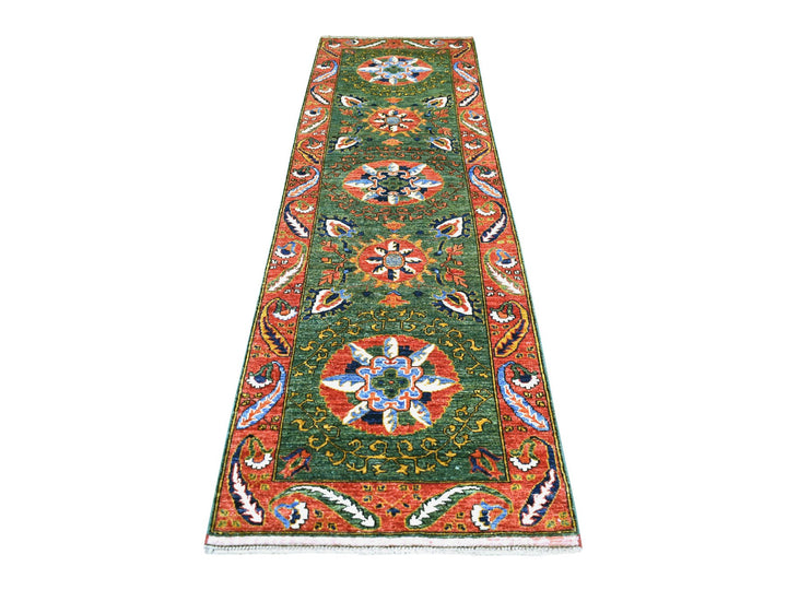 2'10" x 9'9" New Hand Knotted Green Wool Runner Oriental Rug - MOA10270619