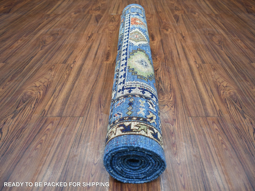 4'4" x 11'8" New Hand Knotted Blue Wool Runner Oriental Rug - MOA10270638