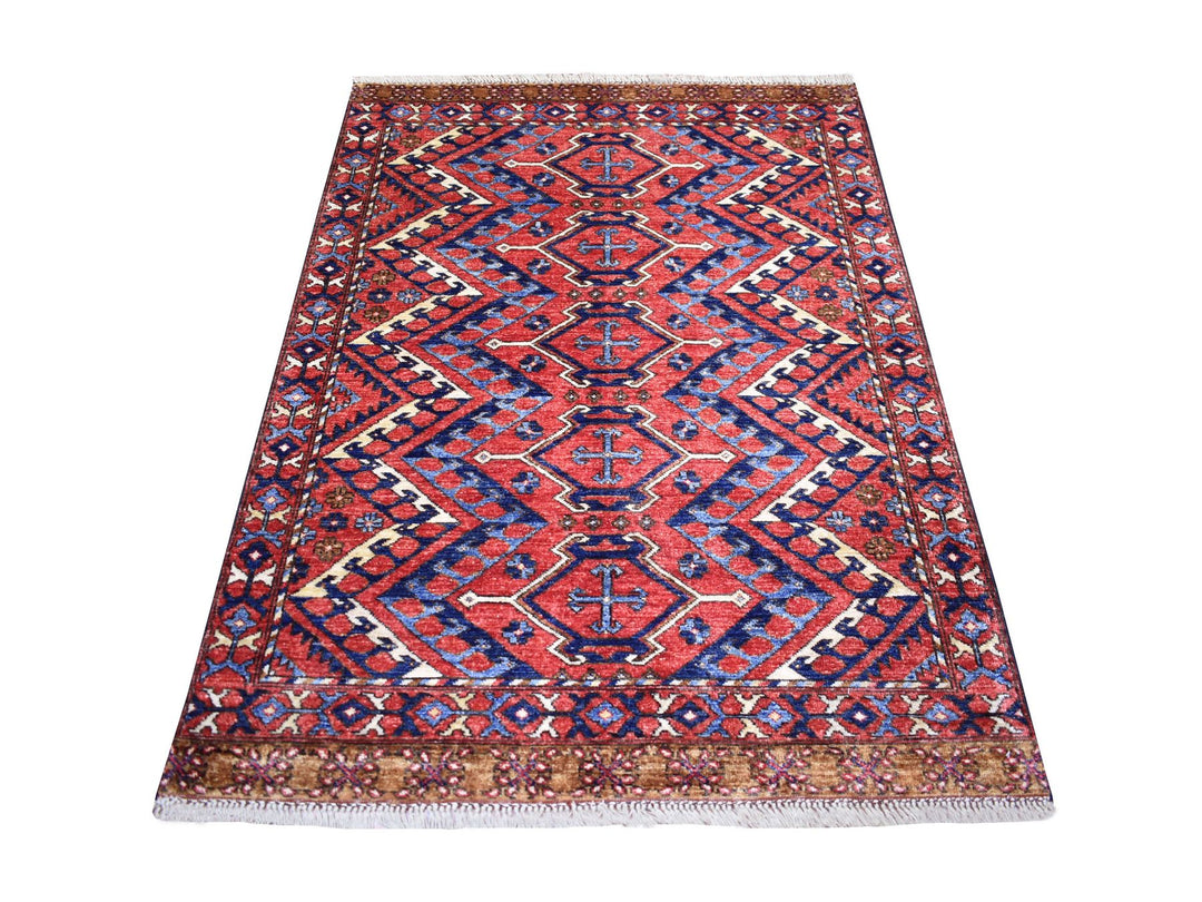 4'1" x 5'9" New Hand Knotted Red Wool Rectangle Oriental Rug - MOA10270725