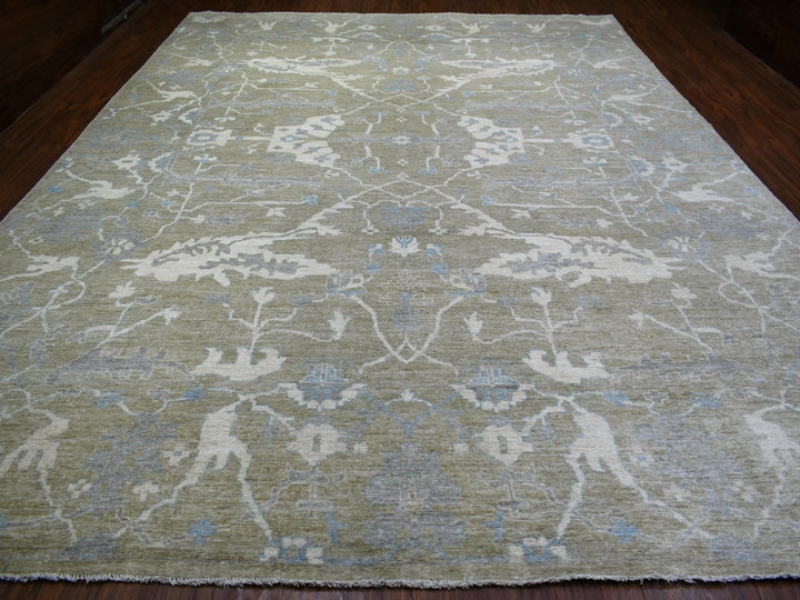 12'1" x 15'5" New Hand Knotted Green Wool Rectangle Oriental Rug - MOA10270999