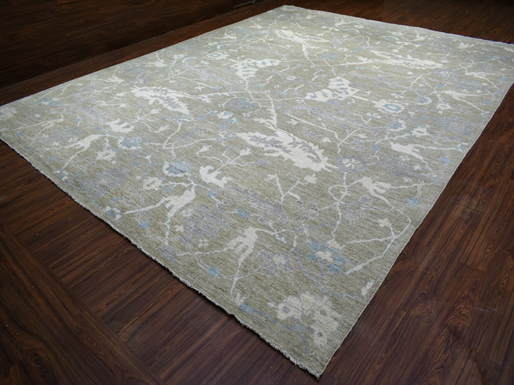12'1" x 15'5" New Hand Knotted Green Wool Rectangle Oriental Rug - MOA10270999