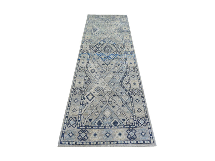 2'9" x 9'4" New Hand Knotted Grey Wool Runner Oriental Rug - MOA10271282