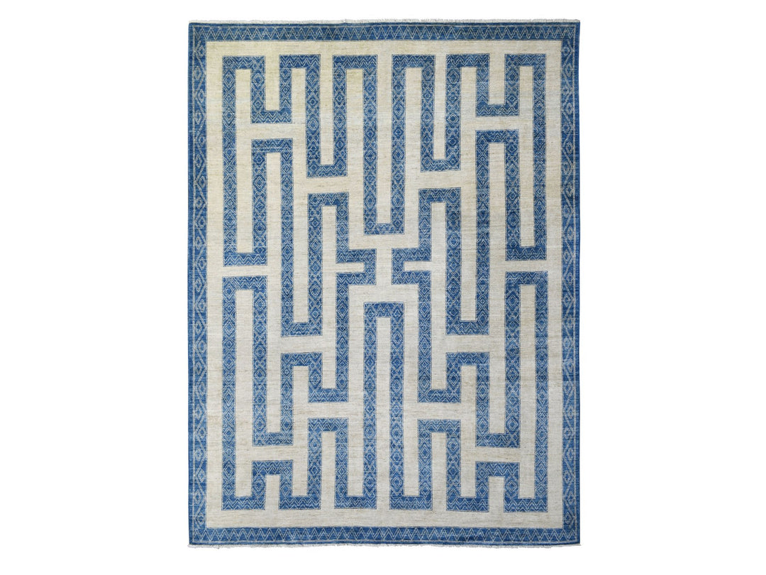 9'2" x 11'9" New Hand Knotted Blue Wool Rectangle Oriental Rug - MOA10271348
