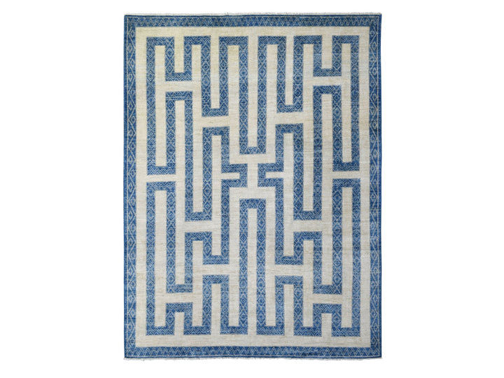 9'2" x 11'9" New Hand Knotted Blue Wool Rectangle Oriental Rug - MOA10271348