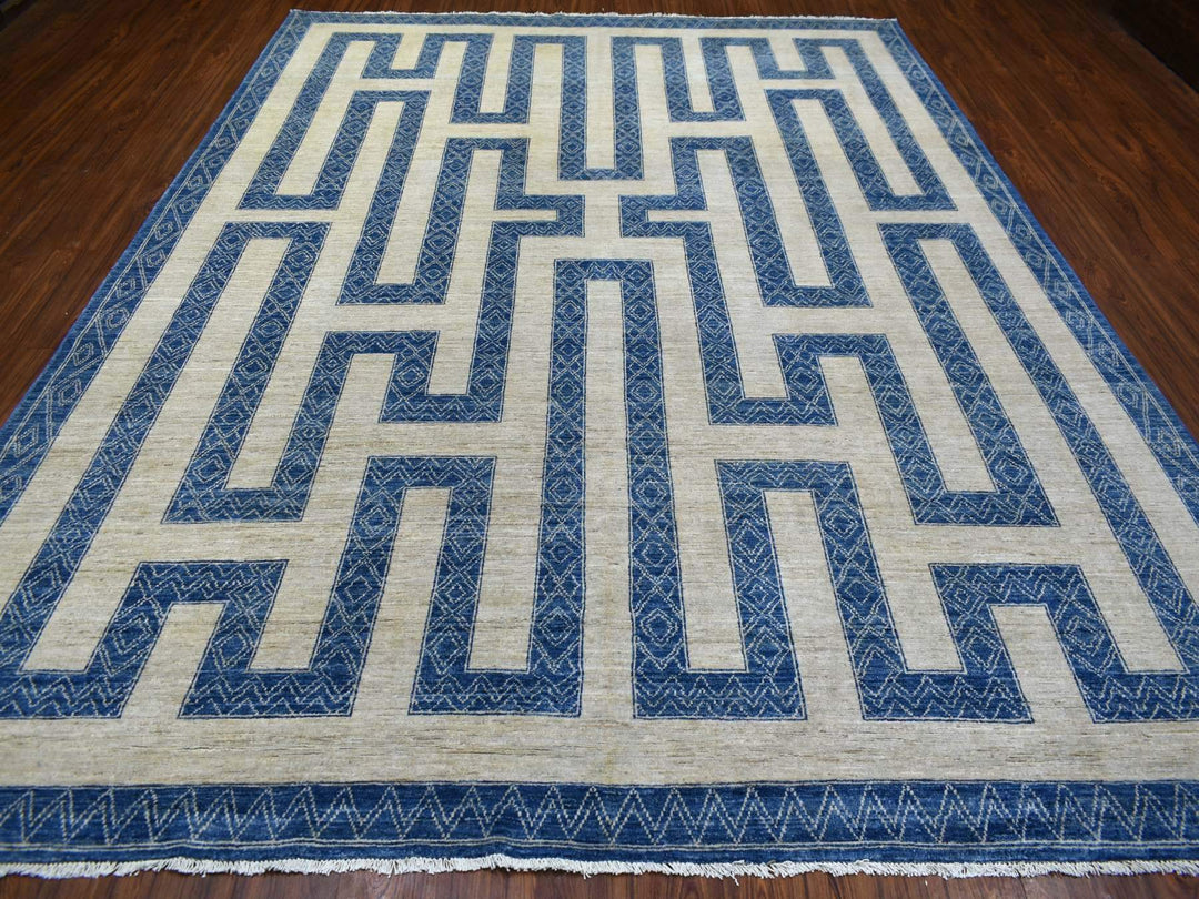 9'2" x 11'9" New Hand Knotted Blue Wool Rectangle Oriental Rug - MOA10271348