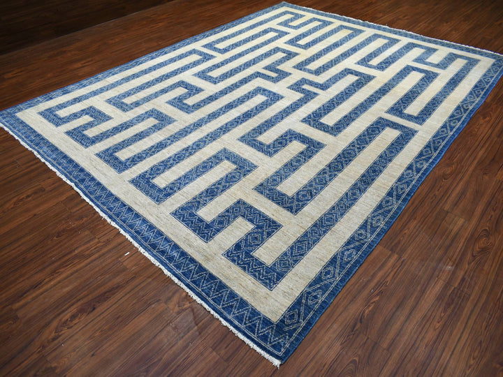9'2" x 11'9" New Hand Knotted Blue Wool Rectangle Oriental Rug - MOA10271348