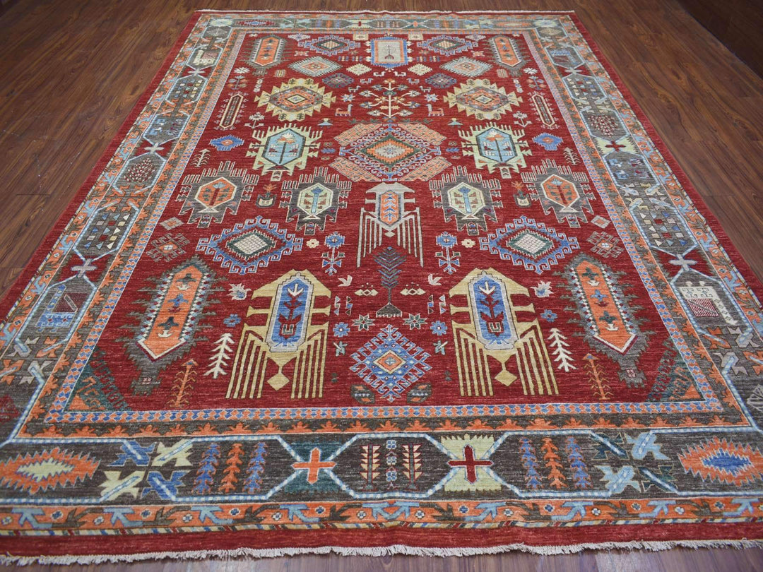 9'0" x 12'0" New Hand Knotted Red Wool Rectangle Oriental Rug - MOA10271364