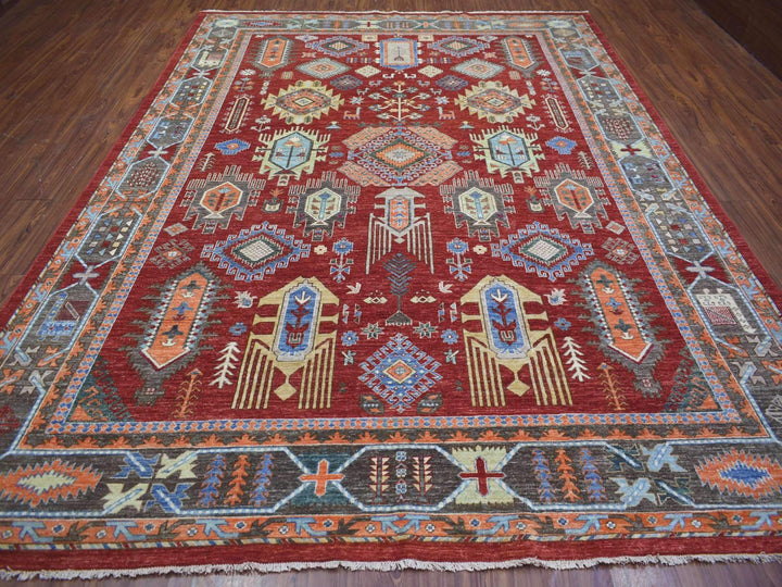 9'0" x 12'0" New Hand Knotted Red Wool Rectangle Oriental Rug - MOA10271364