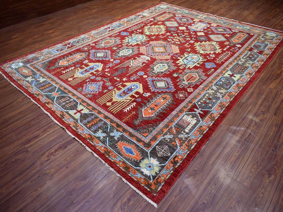 9'0" x 12'0" New Hand Knotted Red Wool Rectangle Oriental Rug - MOA10271364