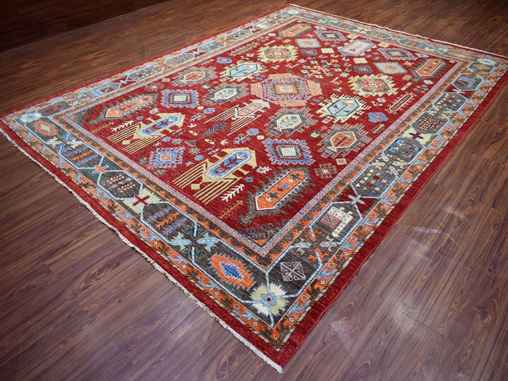 9'0" x 12'0" New Hand Knotted Red Wool Rectangle Oriental Rug - MOA10271364