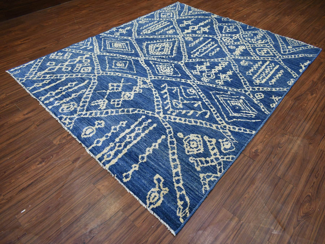 8'0" x 9'6" New Hand Knotted Blue Wool Rectangle Oriental Rug - MOA10271543