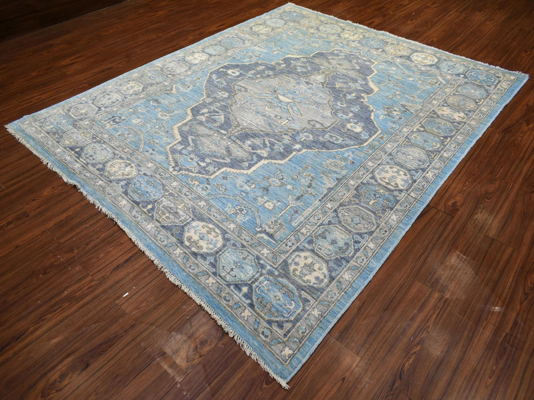 8'0" x 9'6" New Hand Knotted Blue Wool Rectangle Oriental Rug - MOA10271832