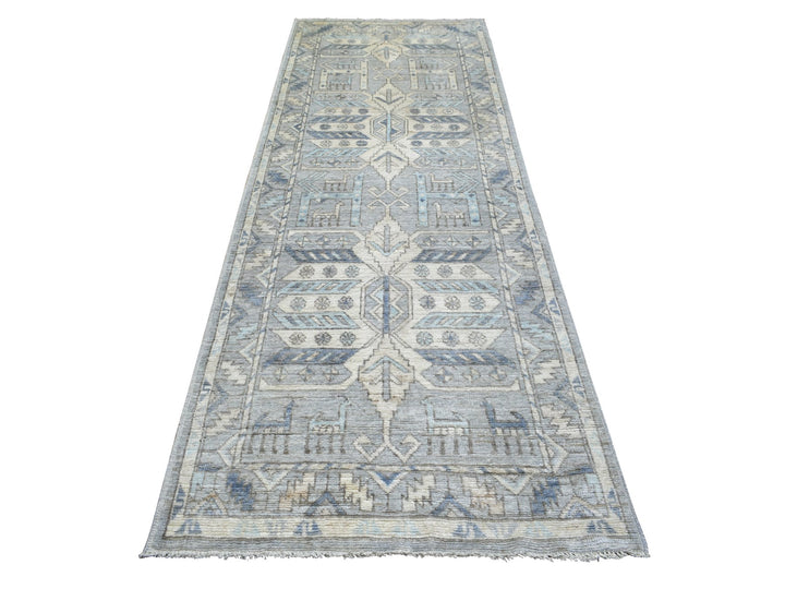 4'0" x 10'0" New Hand Knotted Grey Wool Runner Oriental Rug - MOA10271871