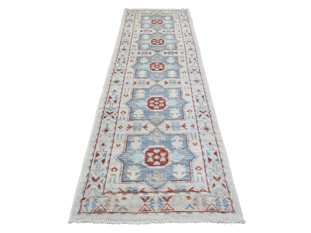 3'1" x 10'2" New Hand Knotted Grey Wool Runner Oriental Rug - MOA10272409