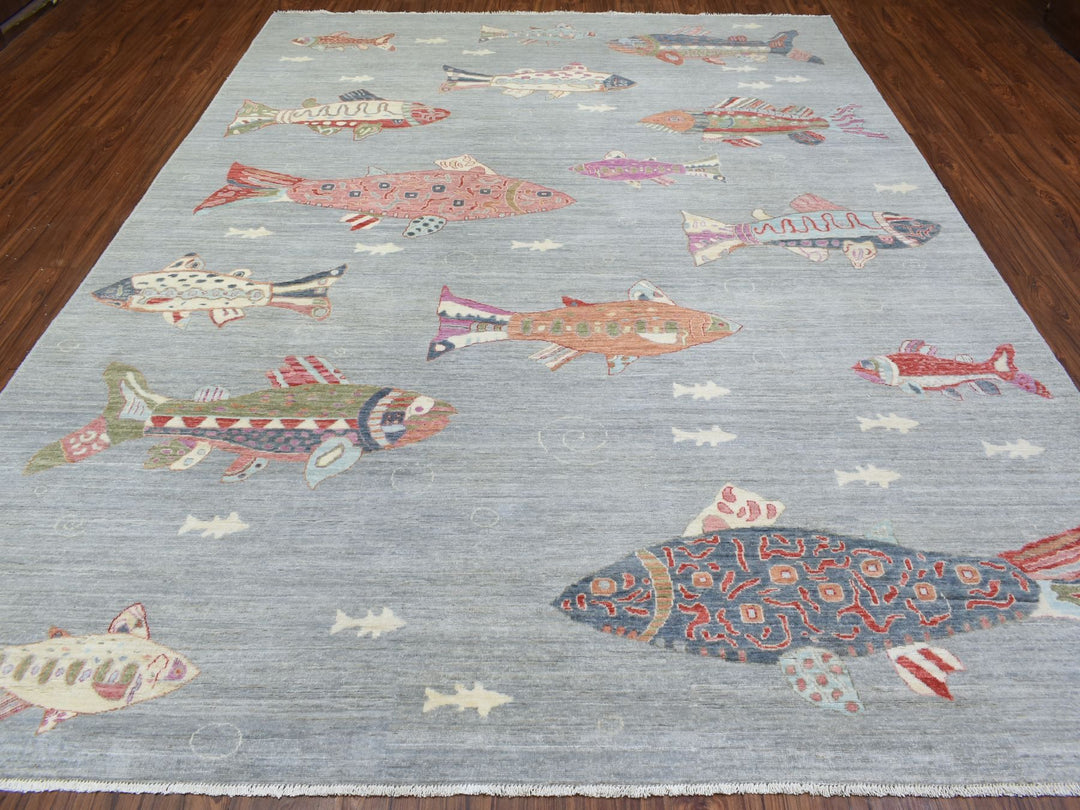 9'2" x 11'9" New Hand Knotted Grey Wool Rectangle Oriental Rug - MOA10272764