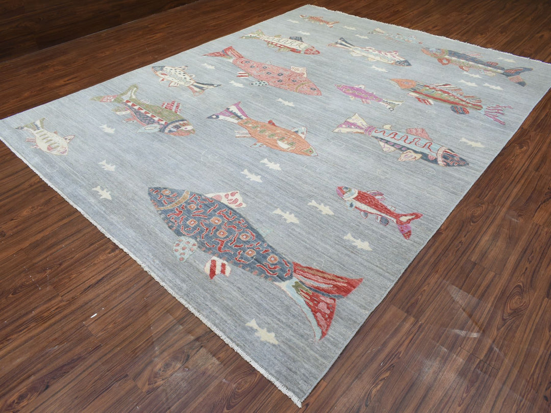 9'2" x 11'9" New Hand Knotted Grey Wool Rectangle Oriental Rug - MOA10272764
