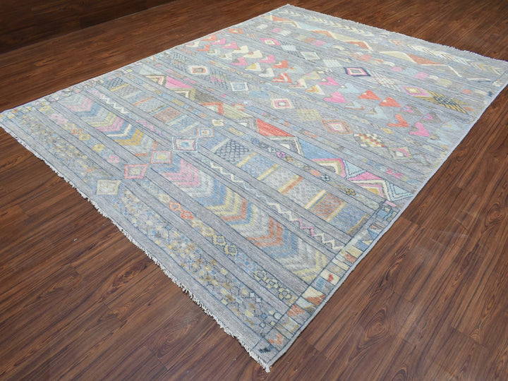 9'1" x 11'8" New Hand Knotted Grey Wool Runner Oriental Rug - MOA10272872