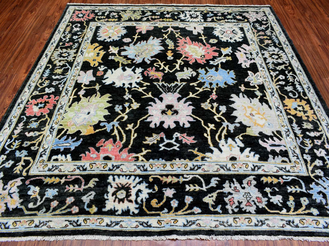 7'10" x 7'8" New Hand Knotted Black Wool Square Oriental Rug - MOA10272952
