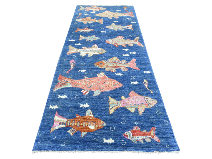 4'2" x 9'9" New Hand Knotted Blue Wool Runner Oriental Rug - MOA10273018
