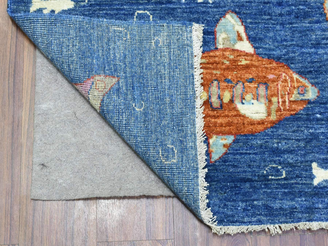 4'2" x 9'9" New Hand Knotted Blue Wool Runner Oriental Rug - MOA10273018