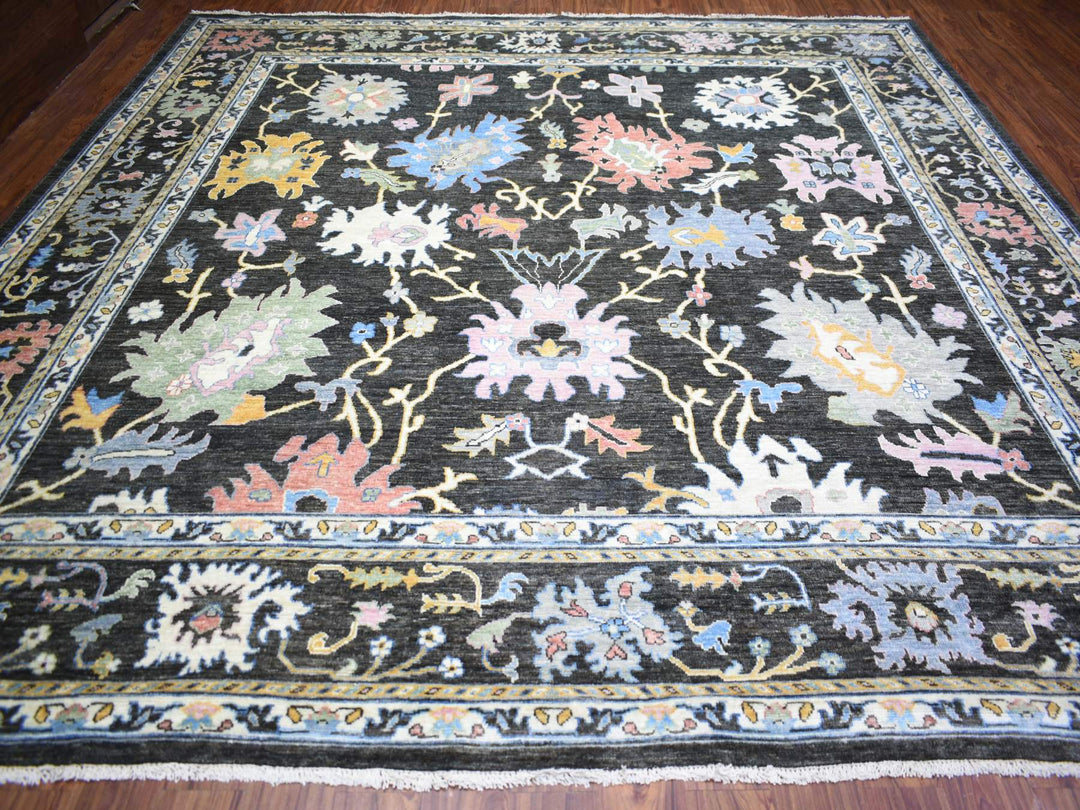 11'5" x 11'10" New Hand Knotted Black Wool Square Oriental Rug - MOA10273029