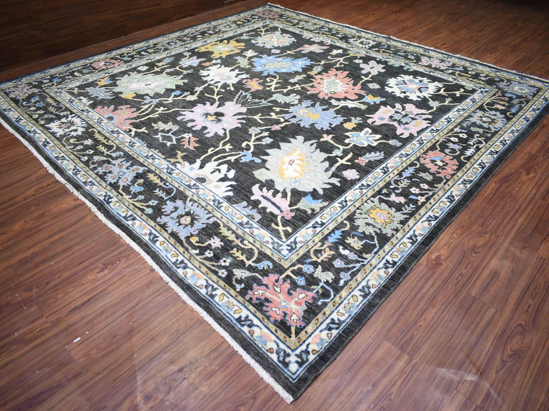 11'5" x 11'10" New Hand Knotted Black Wool Square Oriental Rug - MOA10273029