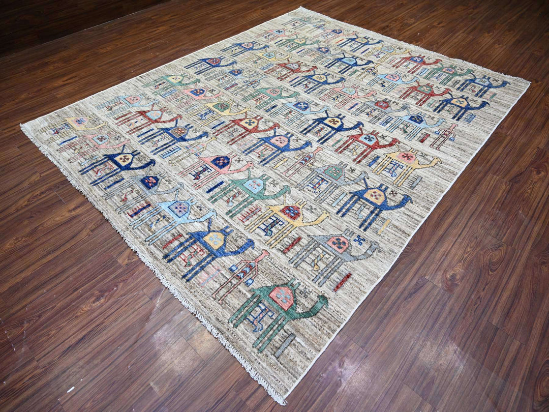 8'0" x 9'8" New Hand Knotted Beige Wool Rectangle Oriental Rug - MOA10273093