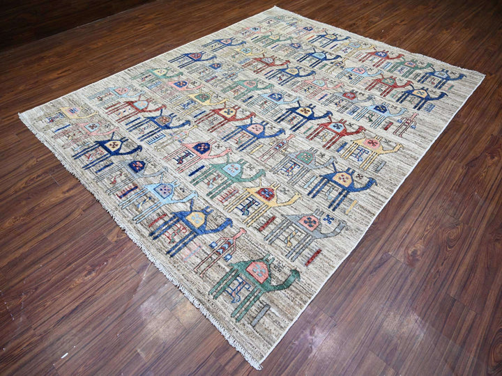 8'0" x 9'8" New Hand Knotted Beige Wool Rectangle Oriental Rug - MOA10273093