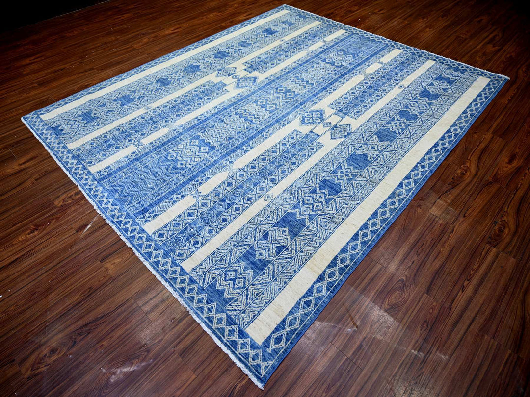 8'1" x 9'9" New Hand Knotted Blue Wool Rectangle Oriental Rug - MOA10273274