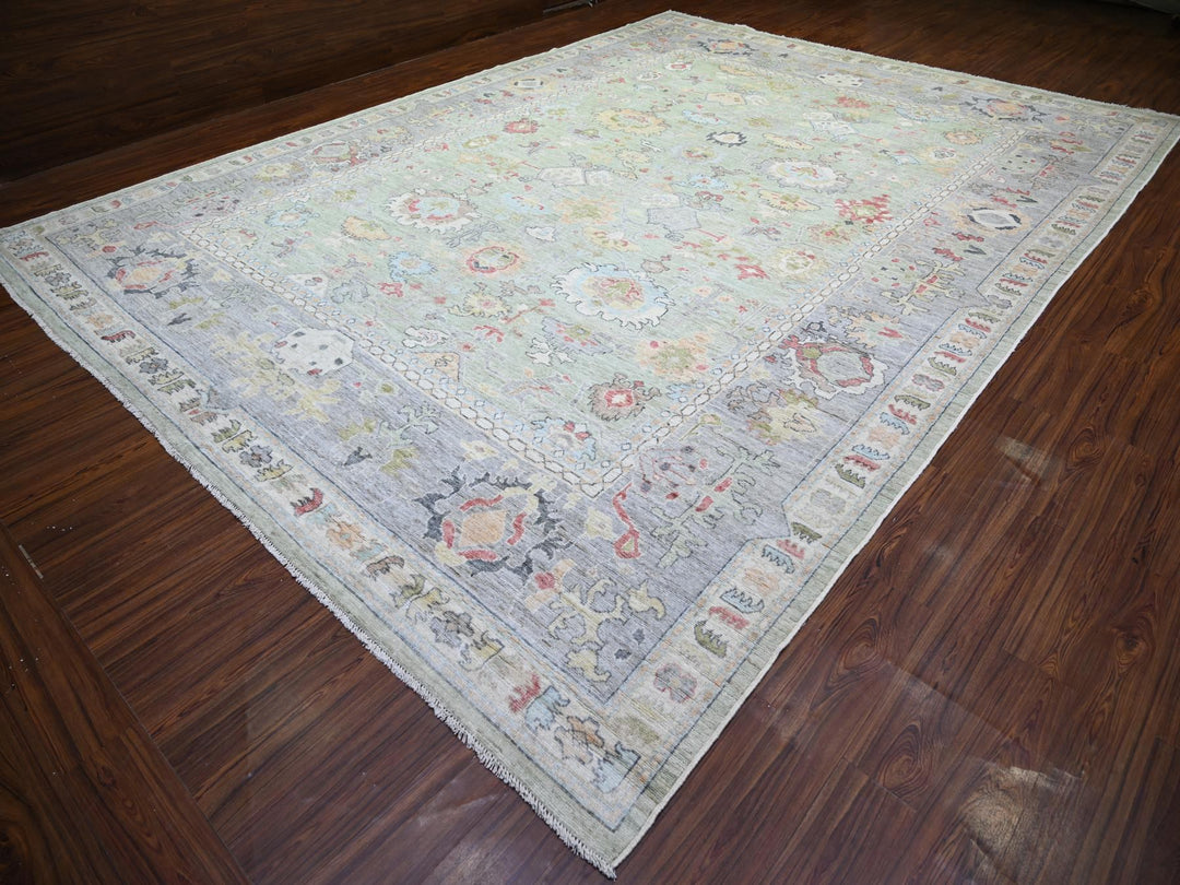 11'6" x 15'7" New Hand Knotted Green Wool Rectangle Oriental Rug - MOA10273383