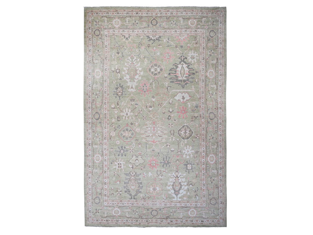 13'10" x 19'8" New Hand Knotted Green Wool Rectangle Oriental Rug - MOA10273448