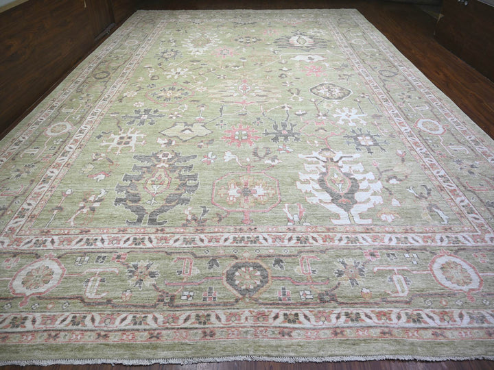 13'10" x 19'8" New Hand Knotted Green Wool Rectangle Oriental Rug - MOA10273448