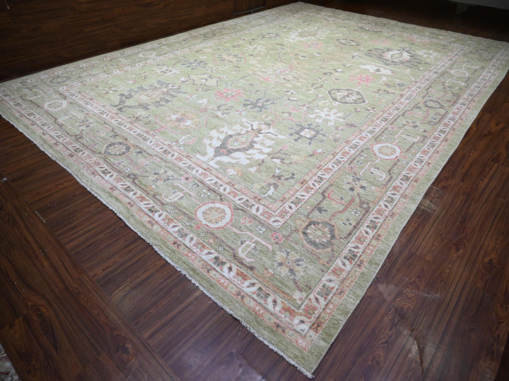 13'10" x 19'8" New Hand Knotted Green Wool Rectangle Oriental Rug - MOA10273448