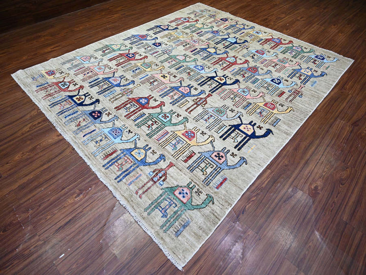 8'2" x 9'9" New Hand Knotted Beige Wool Rectangle Oriental Rug - MOA10273526