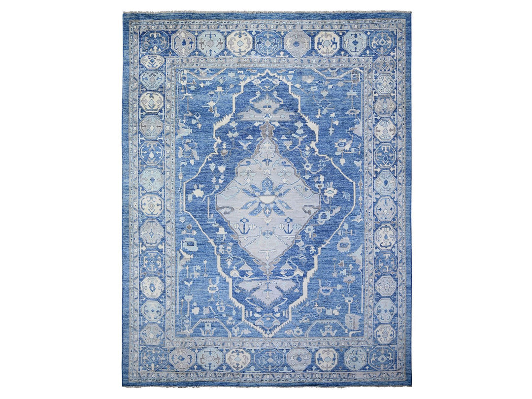 11'9" x 15'1" New Hand Knotted Blue Wool Rectangle Oriental Rug - MOA10273666